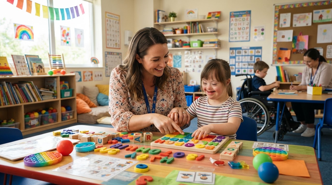 An inclusive education scene — a special education teacher helping a child with learning support in a bright classroom, sensory tools and colorful learning aids, warm caring atmosphere.