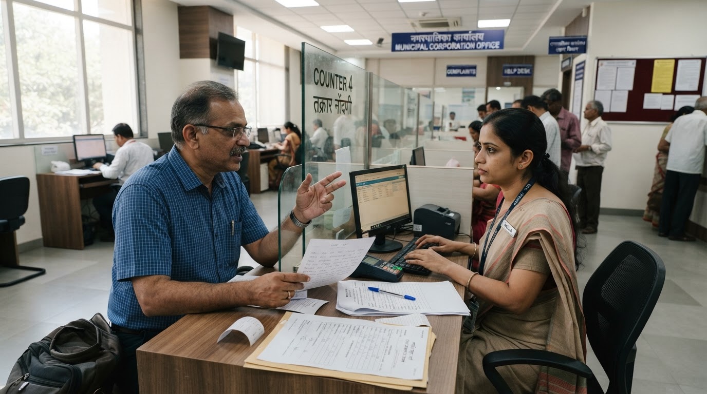 A resident filing a civic complaint at a municipal corporation office counter in a Mumbai suburb.