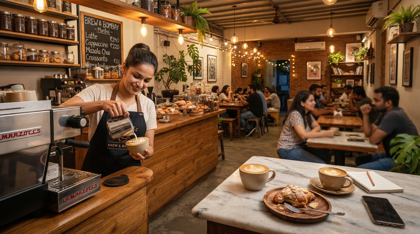 A warm, inviting café interior in a Mumbai suburb with a wooden counter, a barista pouring latte art, soft ambient lighting, coffee cups and pastries on a marble table.