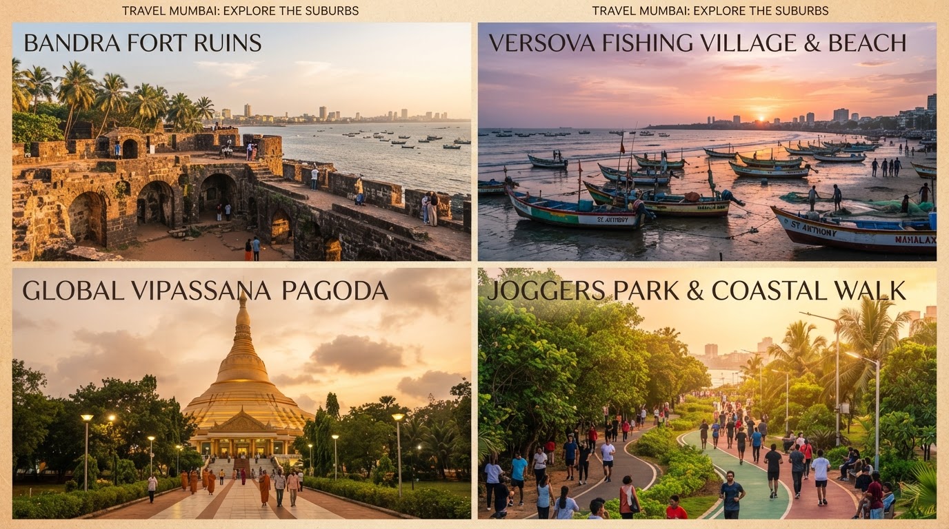 A vibrant collage of places to visit in a Mumbai suburb — a historic stone fort ruin, a coastal beach with fishing boats, a meditation pagoda, and a green municipal park with joggers.