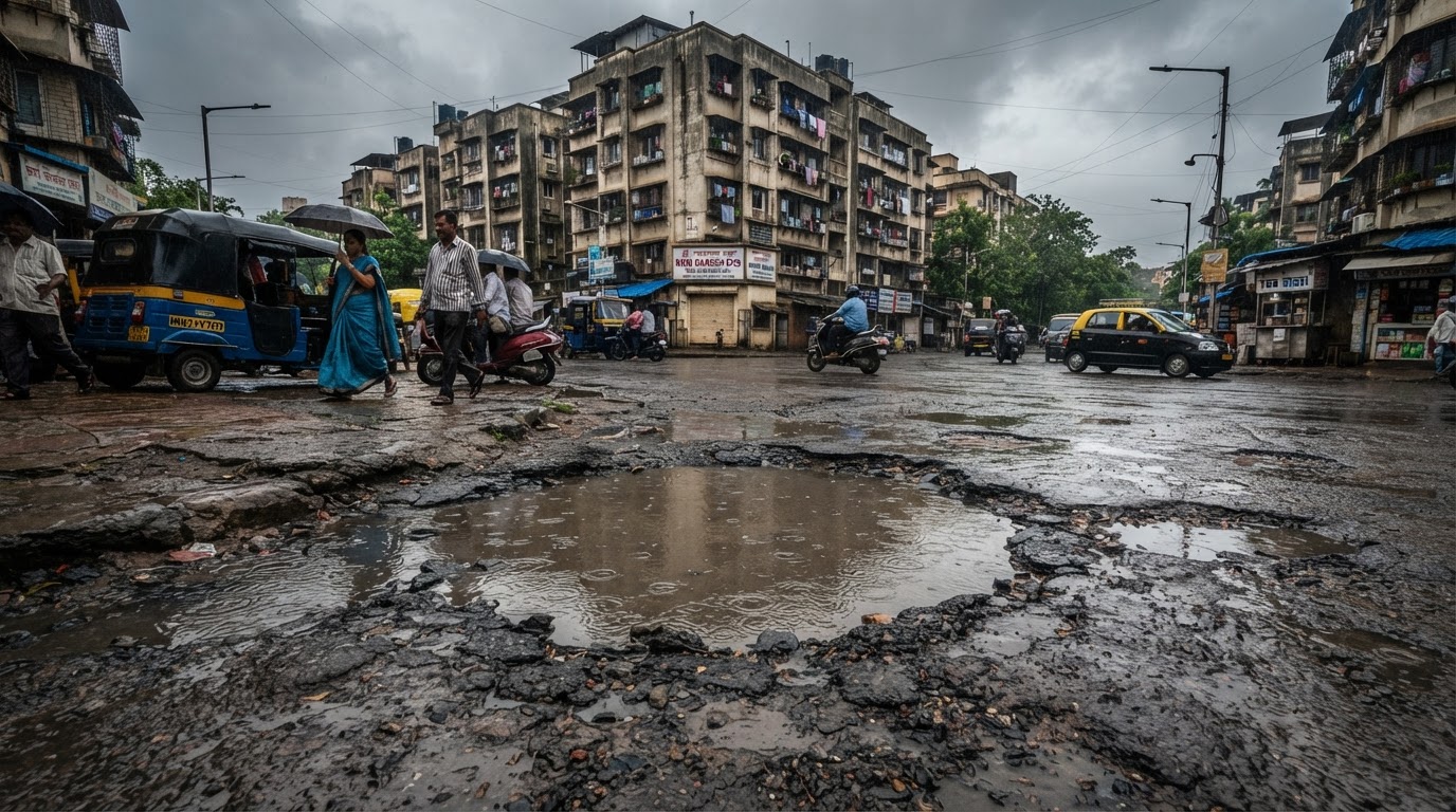 A water-filled pothole on a suburban Mumbai road after monsoon rain, with damaged asphalt, a nearby footpath and apartment buildings in the background.
