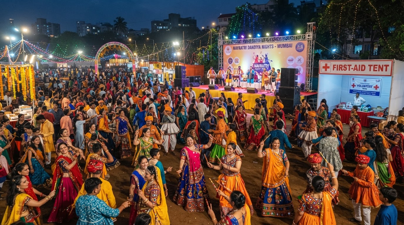 A dandiya night celebration in a Mumbai suburb — a crowded dance floor with people in traditional Navratri attire, a stage with a live band, decorative lights and a first-aid tent visible in the background.