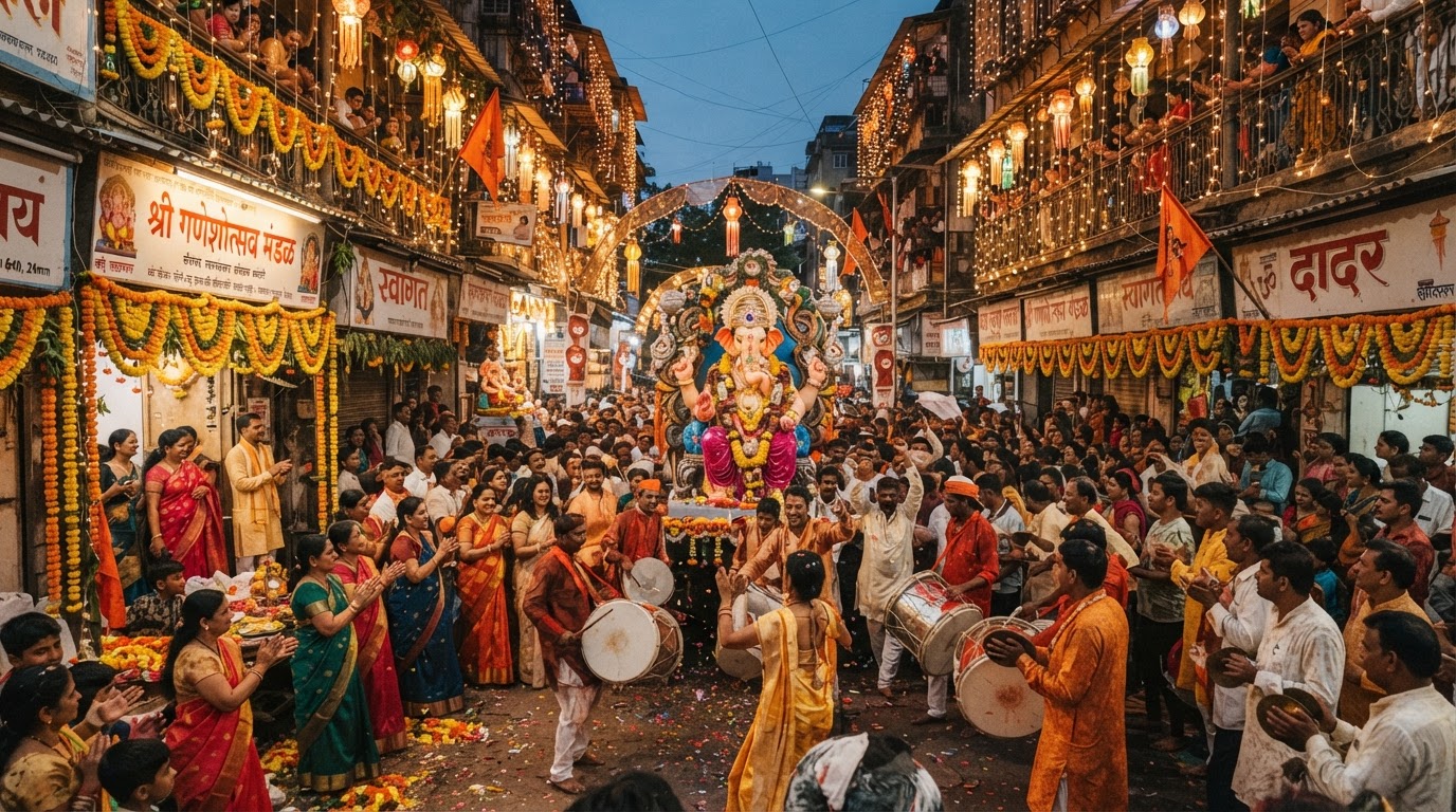 A vibrant local festival celebration in a Mumbai suburb at dusk with string lights, a crowd and marigold decorations.