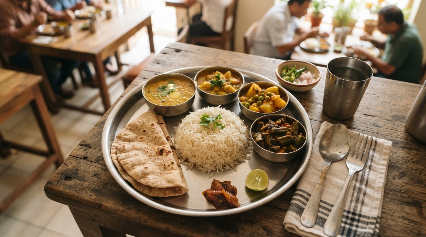 An overhead view of an affordable Indian budget thali — dal, rice, roti and sabzi on a clean wooden table in a bright casual Mumbai suburb restaurant.