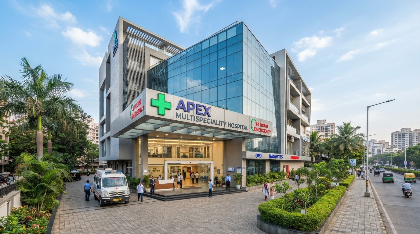A modern Indian multispeciality hospital building exterior with a clean entrance, green cross sign, glass facade and palm trees in a Mumbai suburb, bright daylight.