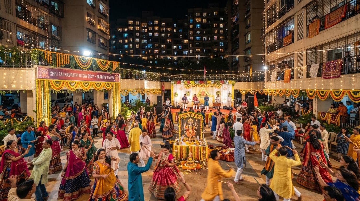 A housing society common area in a Mumbai suburb with string lights and a small crowd gathered for a community festival celebration.