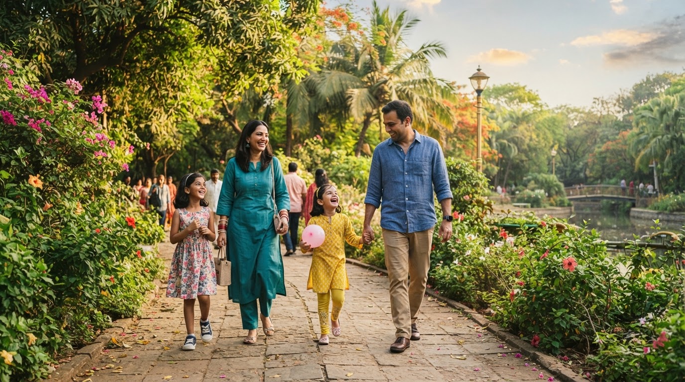 A happy Indian family with children enjoying a day out at a green Mumbai suburban park, walking together on a path with trees and flowers.