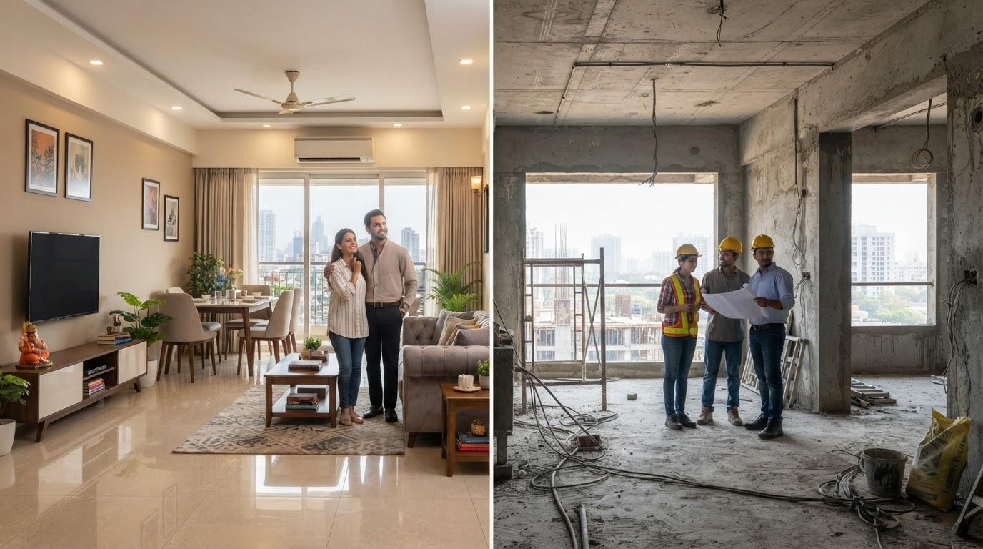A comparison of a completed residential building and an under-construction tower in a Mumbai suburb.