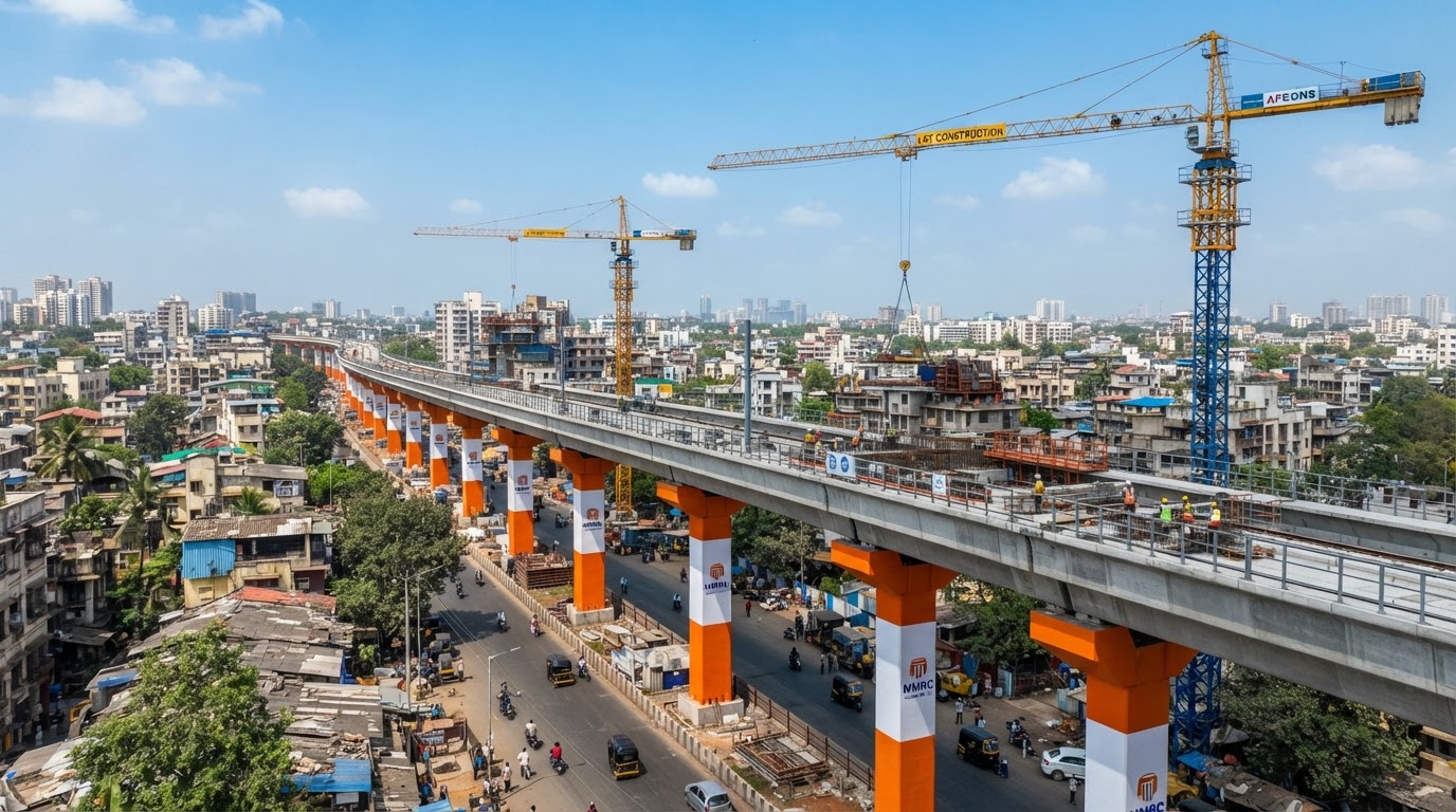 A modern Mumbai metro construction site with elevated concrete viaducts and pillars stretching across a suburban landscape under a clear blue sky.
