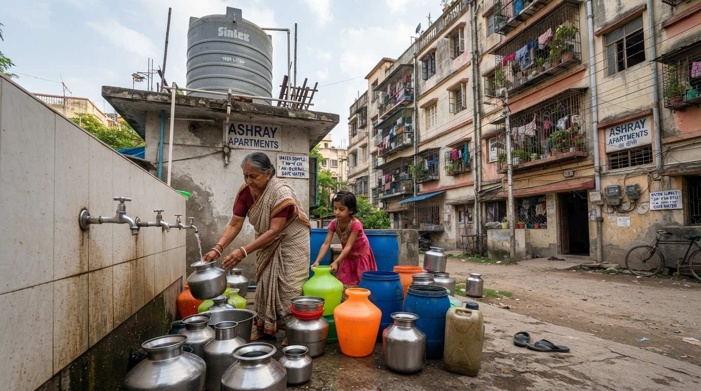 Water supply theme in an Indian suburb — stainless steel water taps and storage containers outside an apartment building with a partially filled overhead tank.