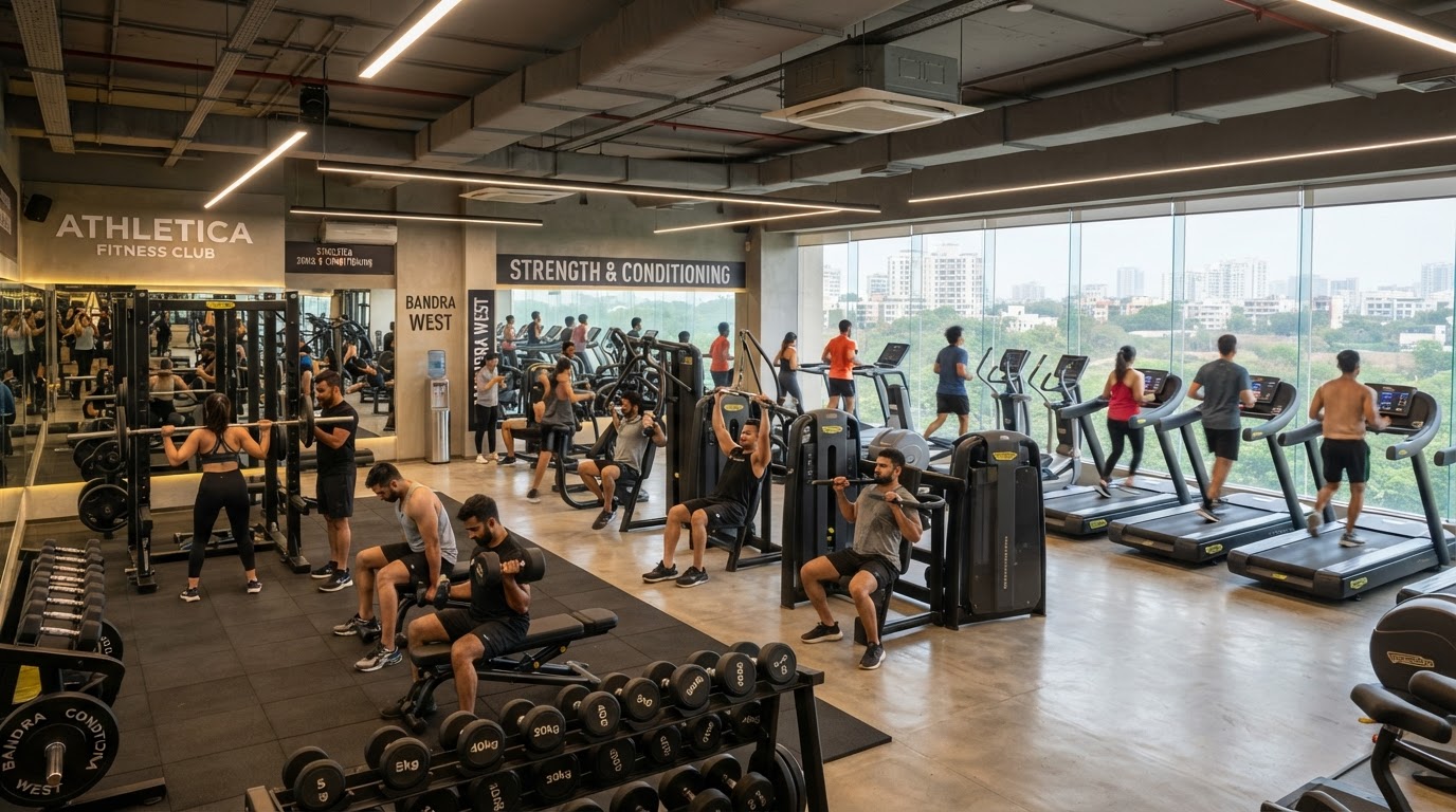 A modern fitness gym interior in a Mumbai suburb with treadmills, free weights, and strength training equipment, bright clean atmosphere, people working out.