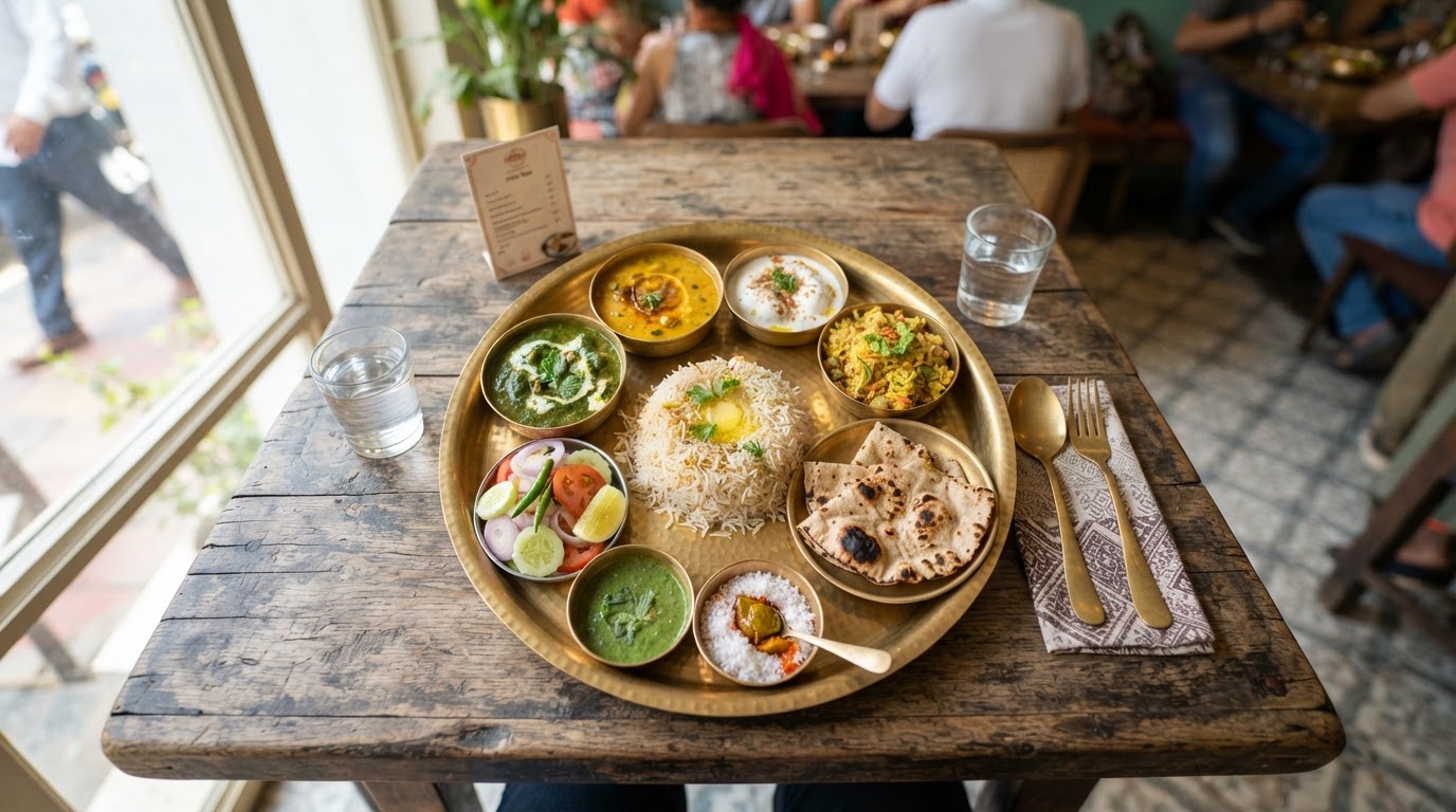 An overhead view of a colorful Indian vegetarian thali on a brass plate — paneer curry, dal, rice, roti, salad and chutneys on a rustic wooden table in a bright Mumbai suburb restaurant.
