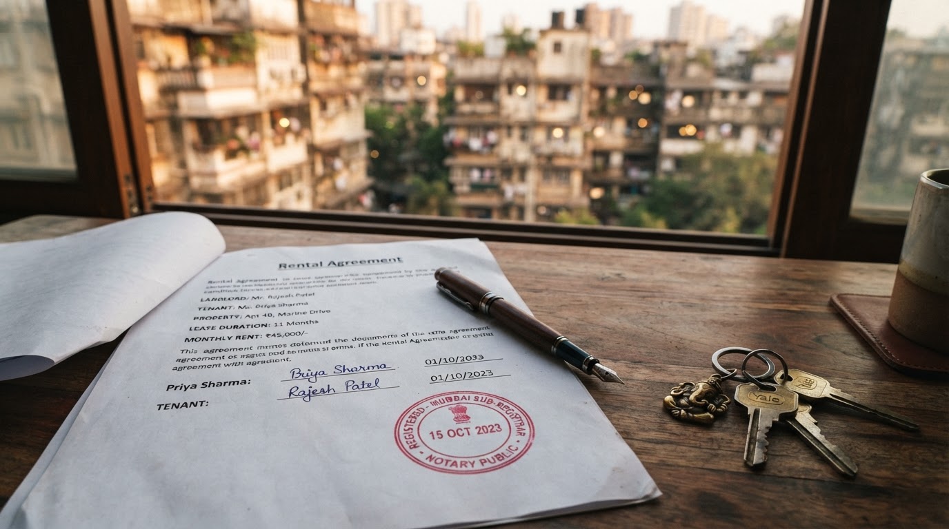 A signed rental agreement document with a pen and keys on a desk, representing a rent agreement in Mira Road.