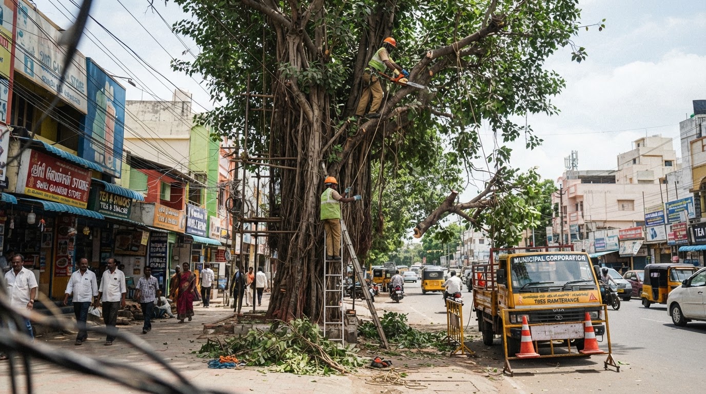Tree pruning in an Indian urban street with workers cutting branches of a large tree.