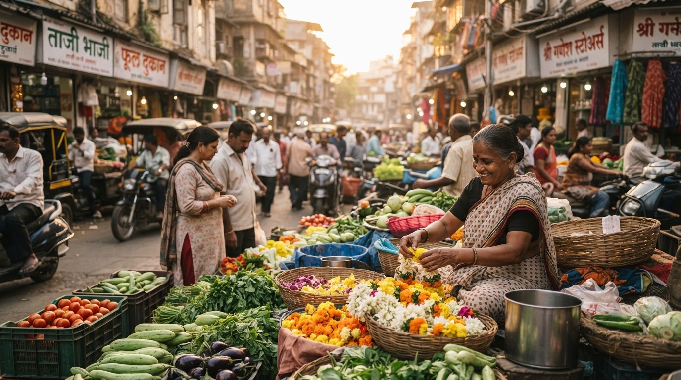 A busy local street market in a Mumbai suburb at golden hour, vendors selling fresh produce.