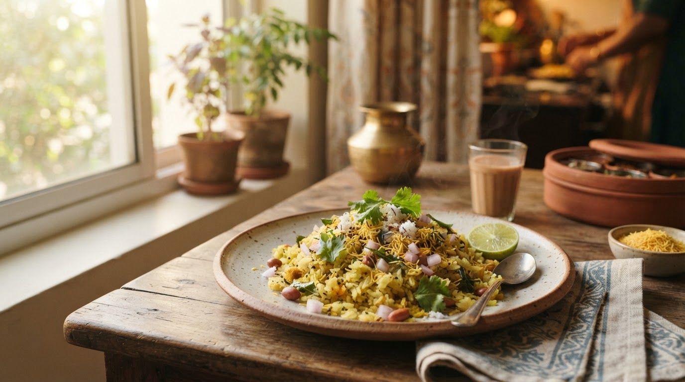 Home-cooked poha with sev, lemon and coriander on a ceramic plate in morning kitchen light.