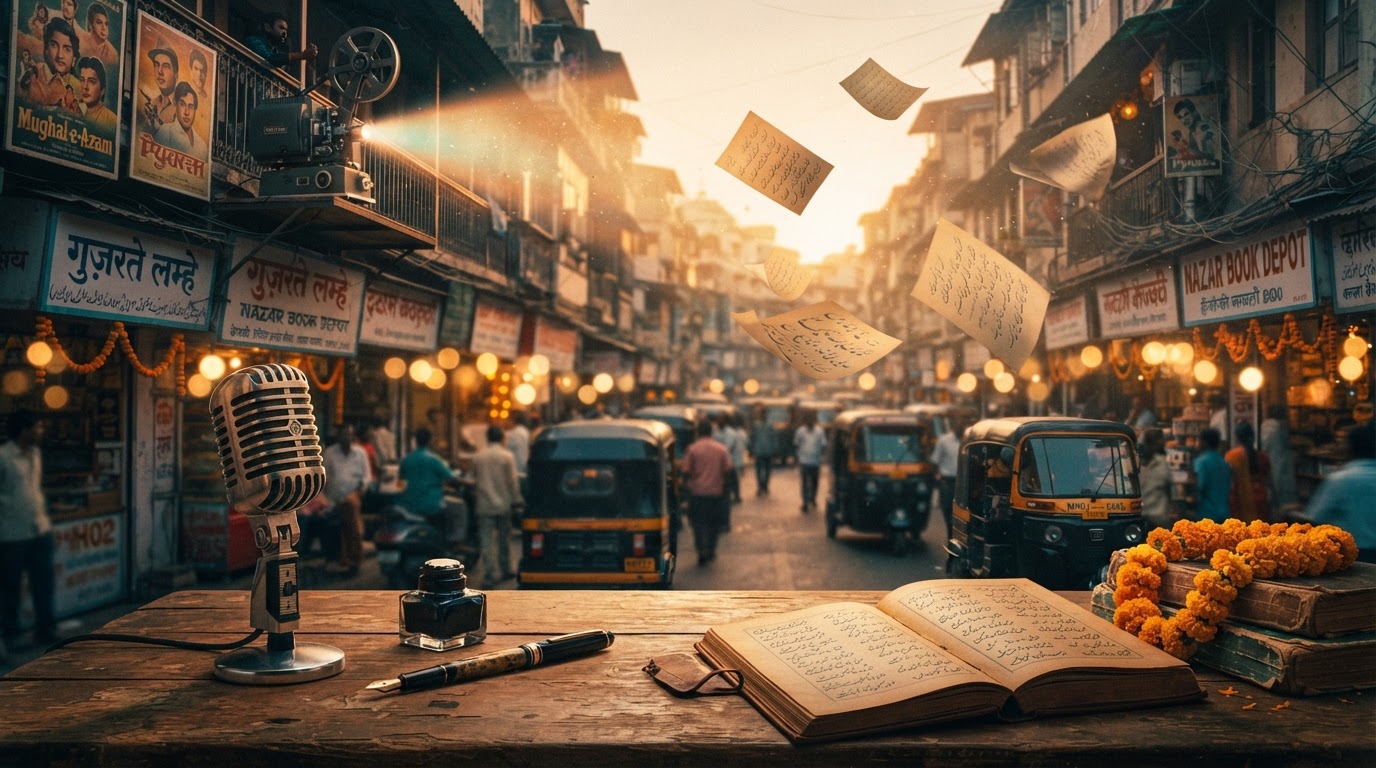 A warm cinematic Mumbai suburban street at golden hour blending Bollywood glamour with Urdu literary heritage — a vintage microphone, fountain pen and poetry manuscript pages surrounded by soft marigold lights.