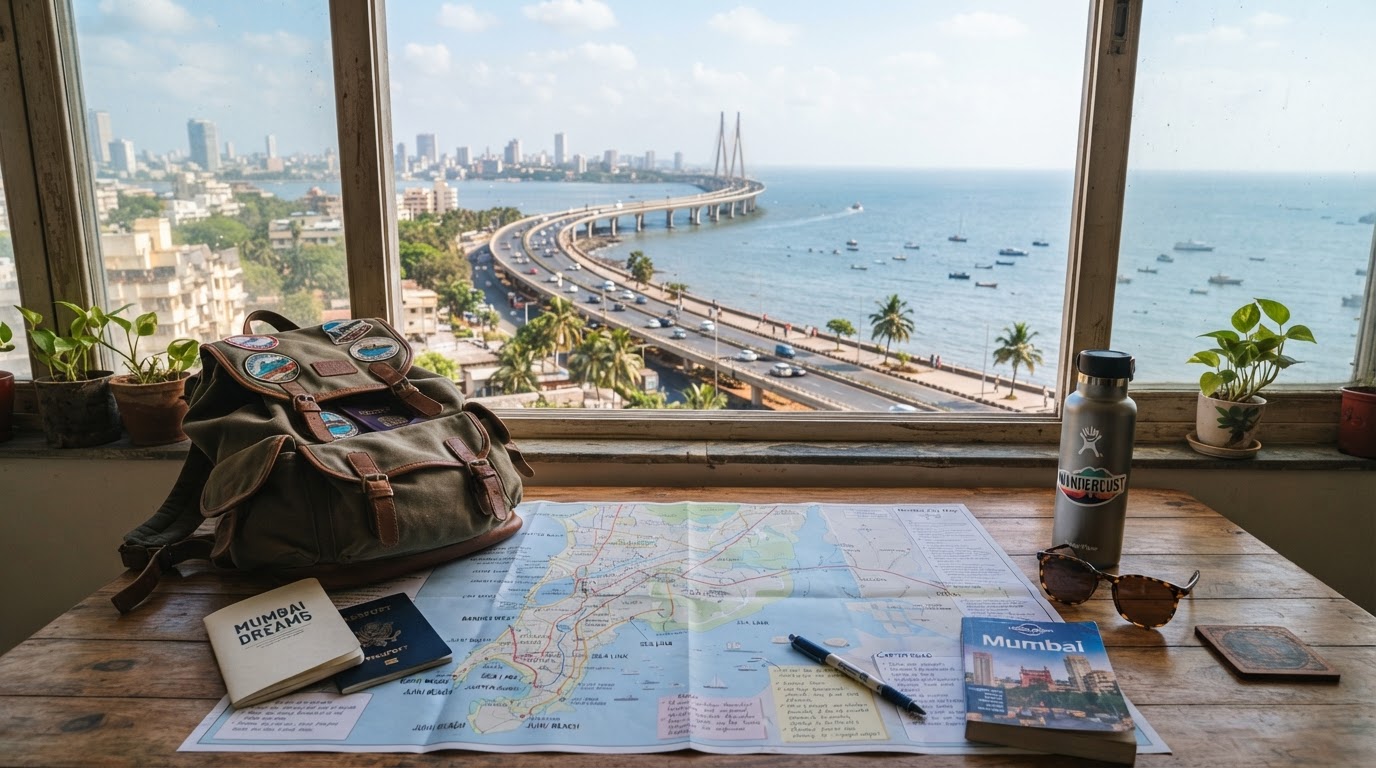 A travel planning scene — a map, a backpack, a water bottle, and sunglasses on a table with a scenic Mumbai suburban coastal landscape visible through a window.