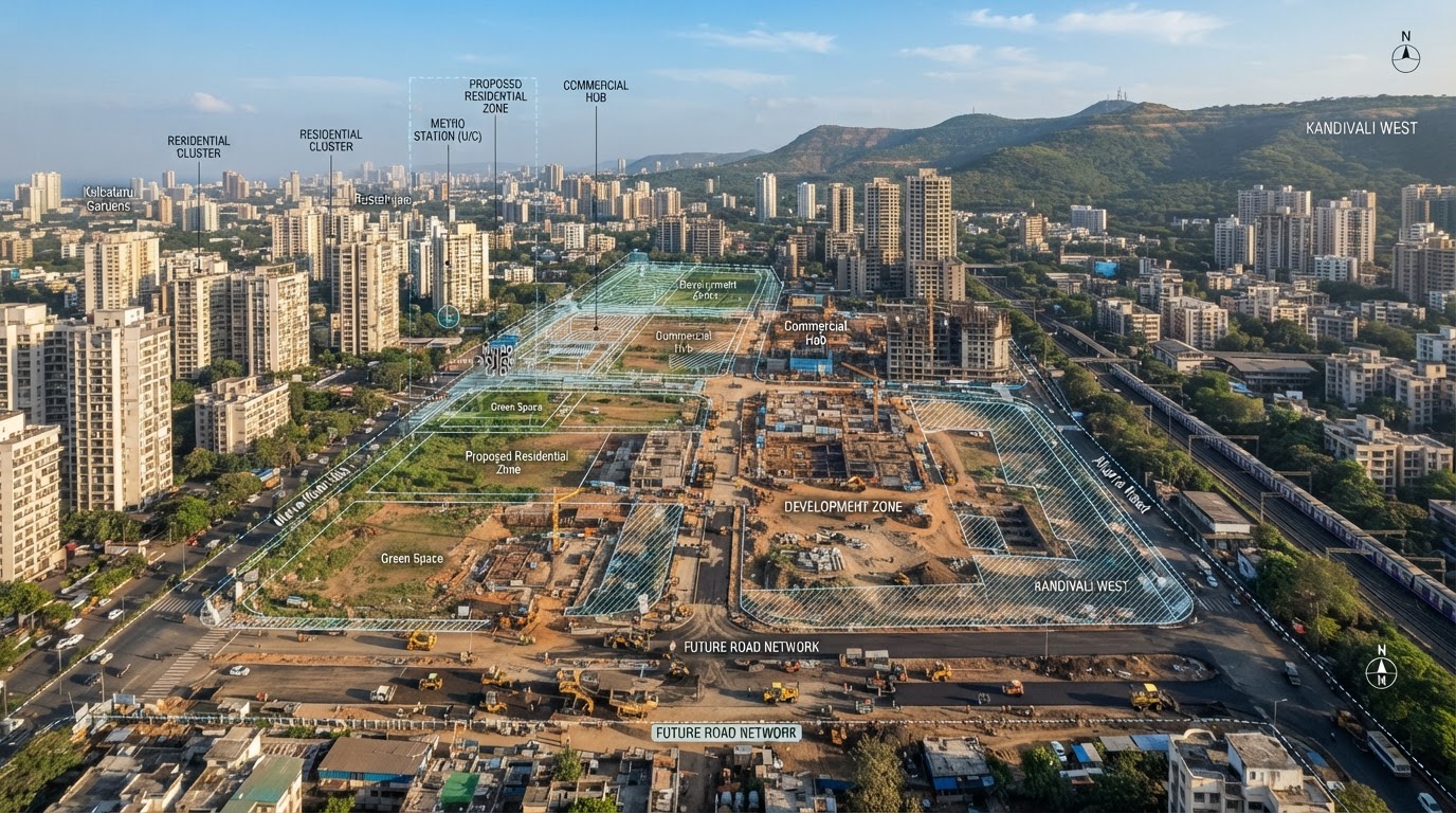 An aerial view of urban planning and development in a Mumbai suburb — residential towers, roads under construction, and open land marked for development, with warm daylight.