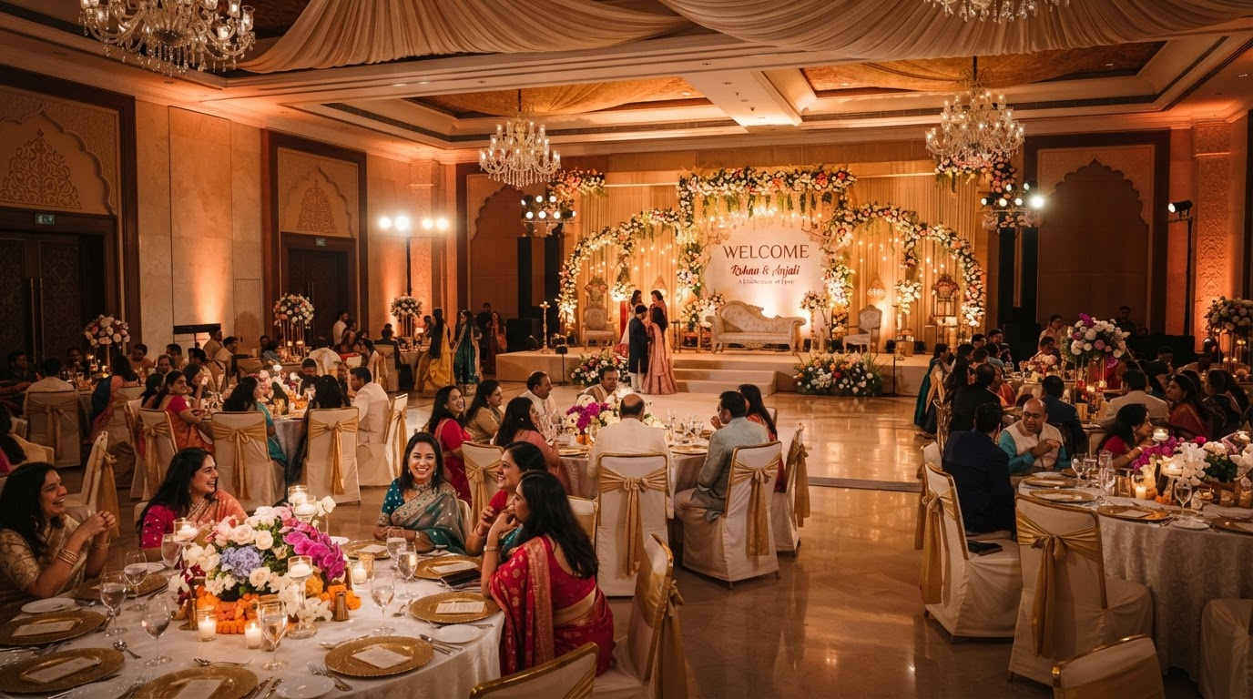 An elegant banquet hall set up for a celebration — round tables with draped chairs and centrepieces, soft uplighting, a decorated stage, warm ambient mood in a Mumbai suburb event venue.
