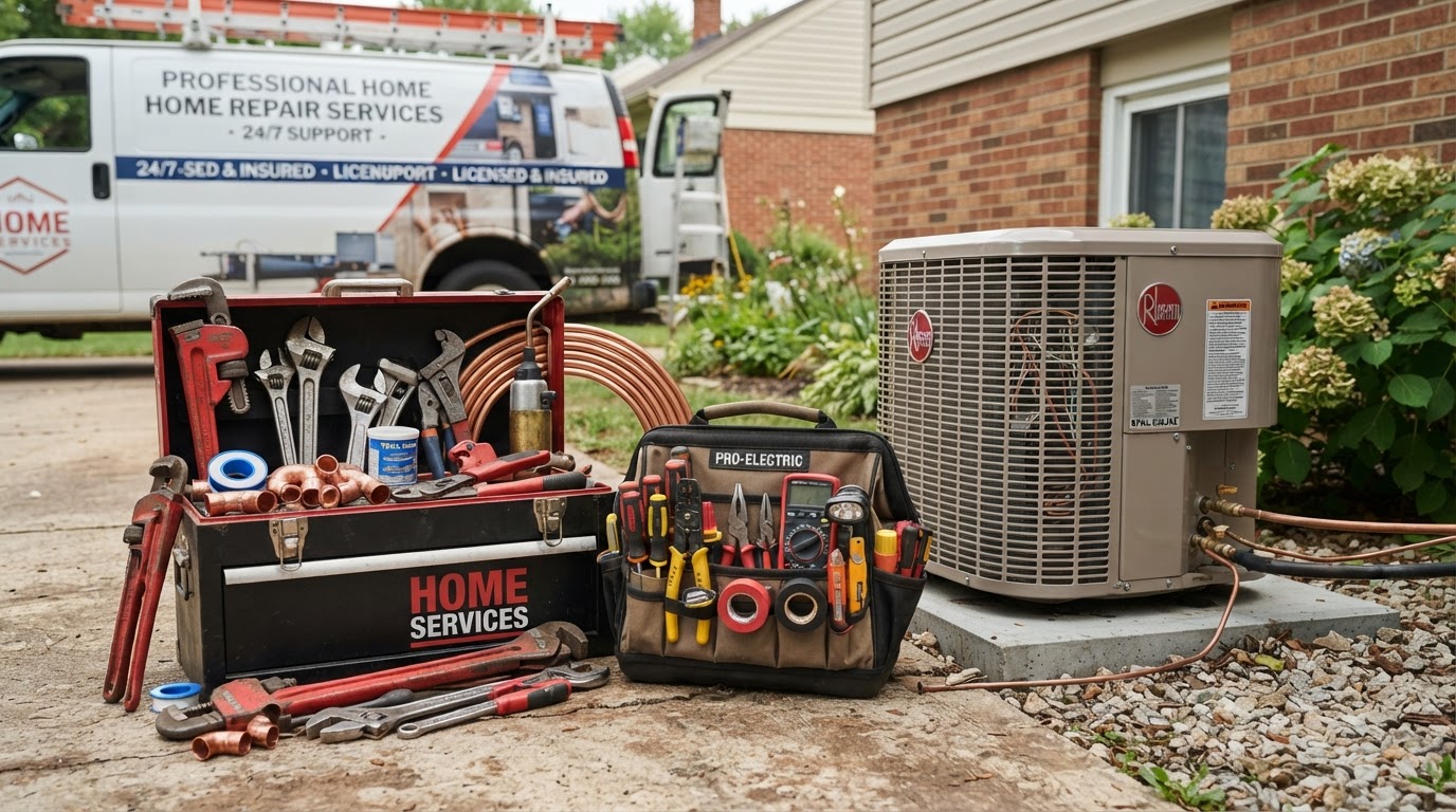 A plumber's toolbox with wrenches and pipes, an electrician's tools, and an air conditioner unit, representing home repair services.