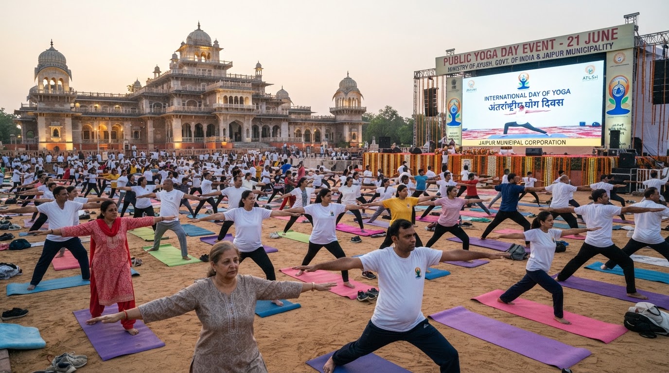 A public Yoga Day event in an Indian city with people doing yoga on mats outdoors with a large LED screen.