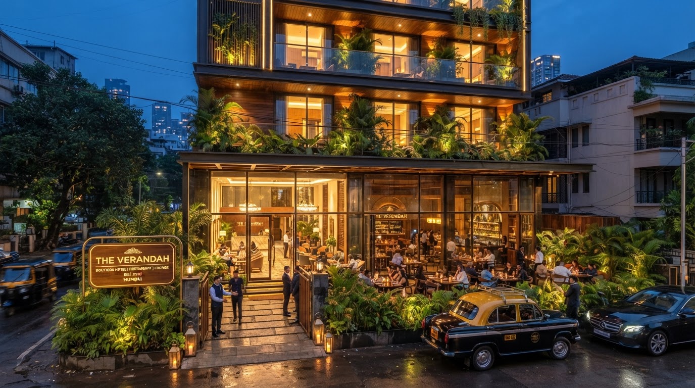An upscale hospitality venue exterior at dusk in a Mumbai suburb — warm glowing entrance combining a restaurant, lounge and boutique hotel, modern glass facade with greenery.