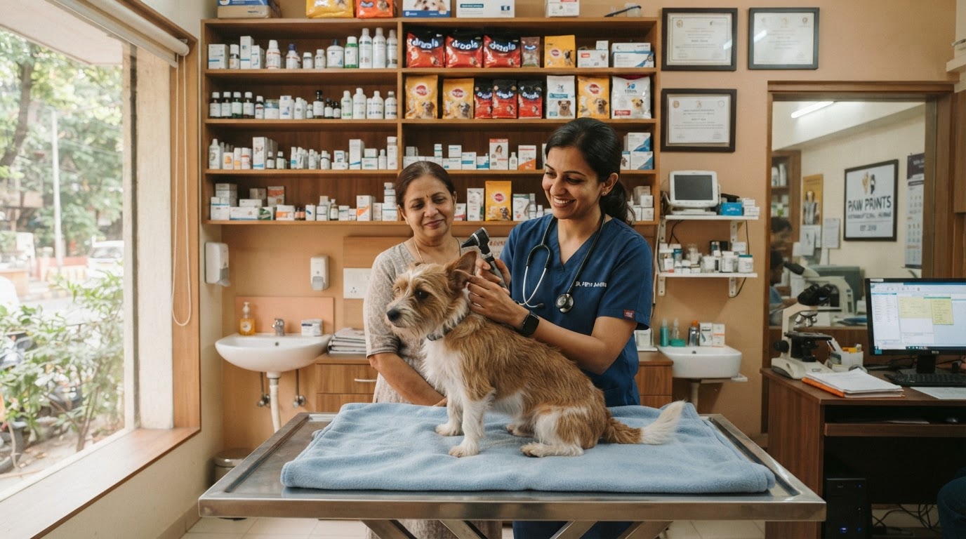 A veterinary clinic in a Mumbai suburb — a friendly vet examining a small dog on an examination table, pet care products on shelves, clean and warm veterinary setting.