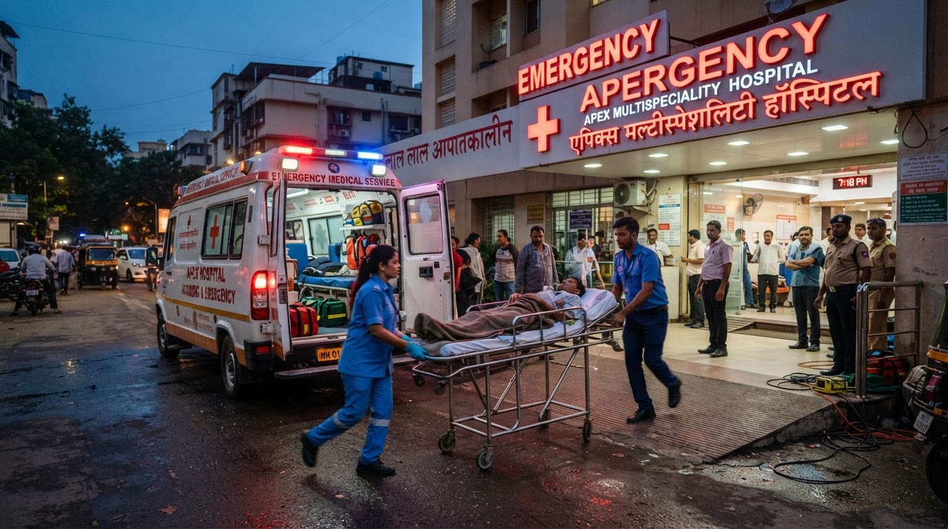 An emergency medical scene with an ambulance outside an Indian hospital, red emergency sign, paramedics and a stretcher, urgent medical care atmosphere at dusk.