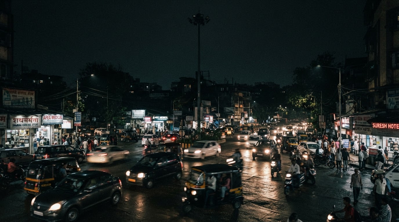A busy traffic junction in an Indian suburb at night with a tall high-mast street light that is switched off and dark, cars with headlights passing through.