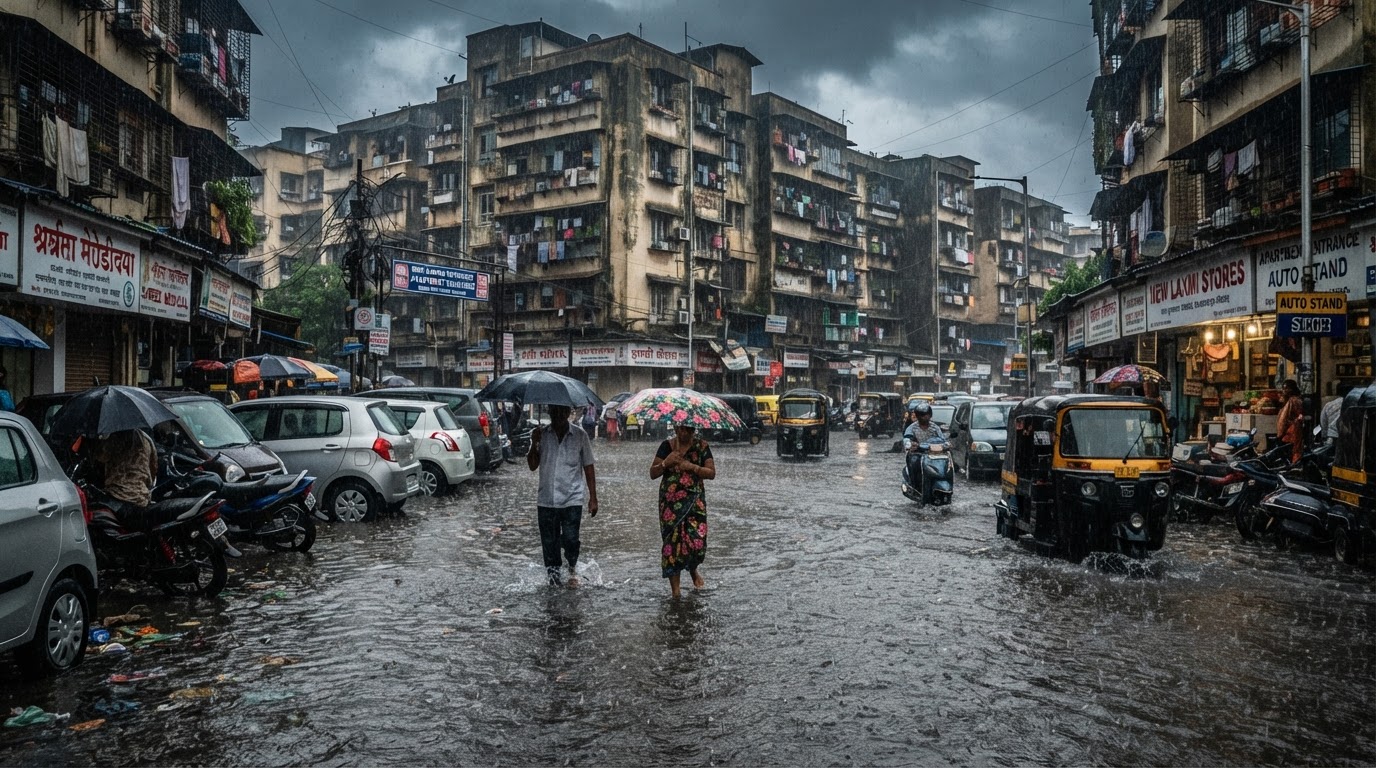 A heavy monsoon rain scene in a Mumbai suburb with a waterlogged residential street, parked cars, apartment buildings under a grey overcast sky and people with umbrellas.