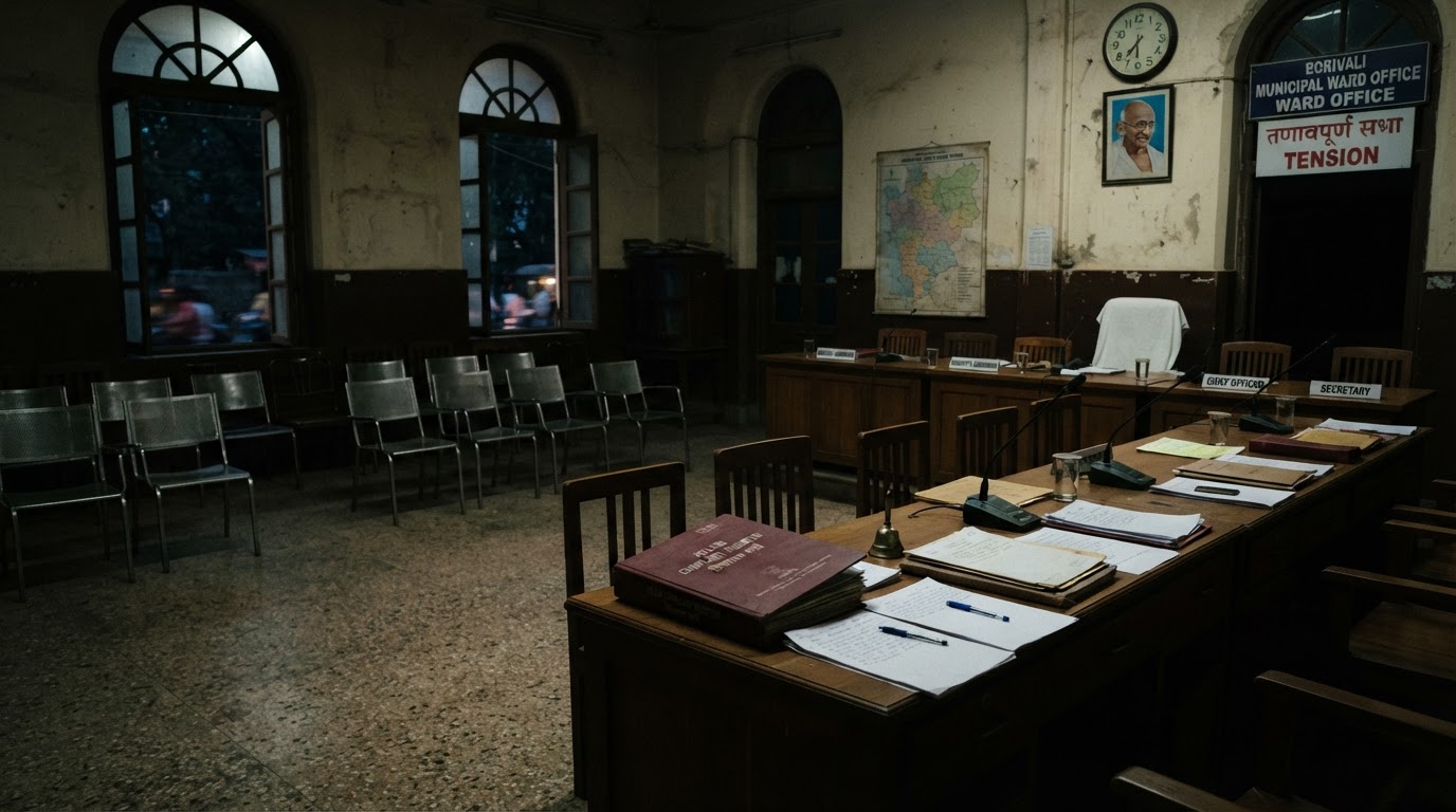 A civic municipal corporation meeting hall in an Indian suburb with official tables, microphones and legal documents under dramatic low-key lighting.