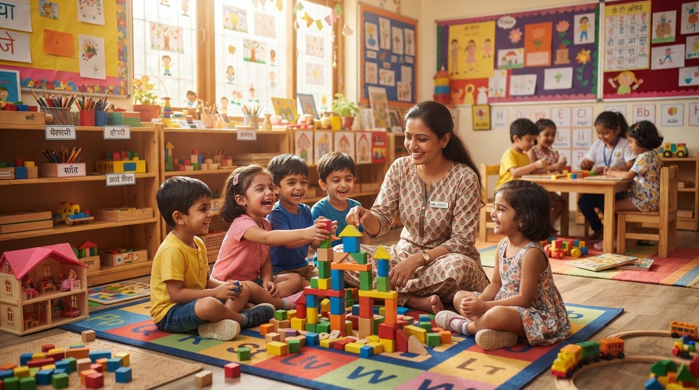 A cheerful preschool classroom with young Indian children playing with colorful blocks and toys, a teacher guiding them, bright warm lighting.