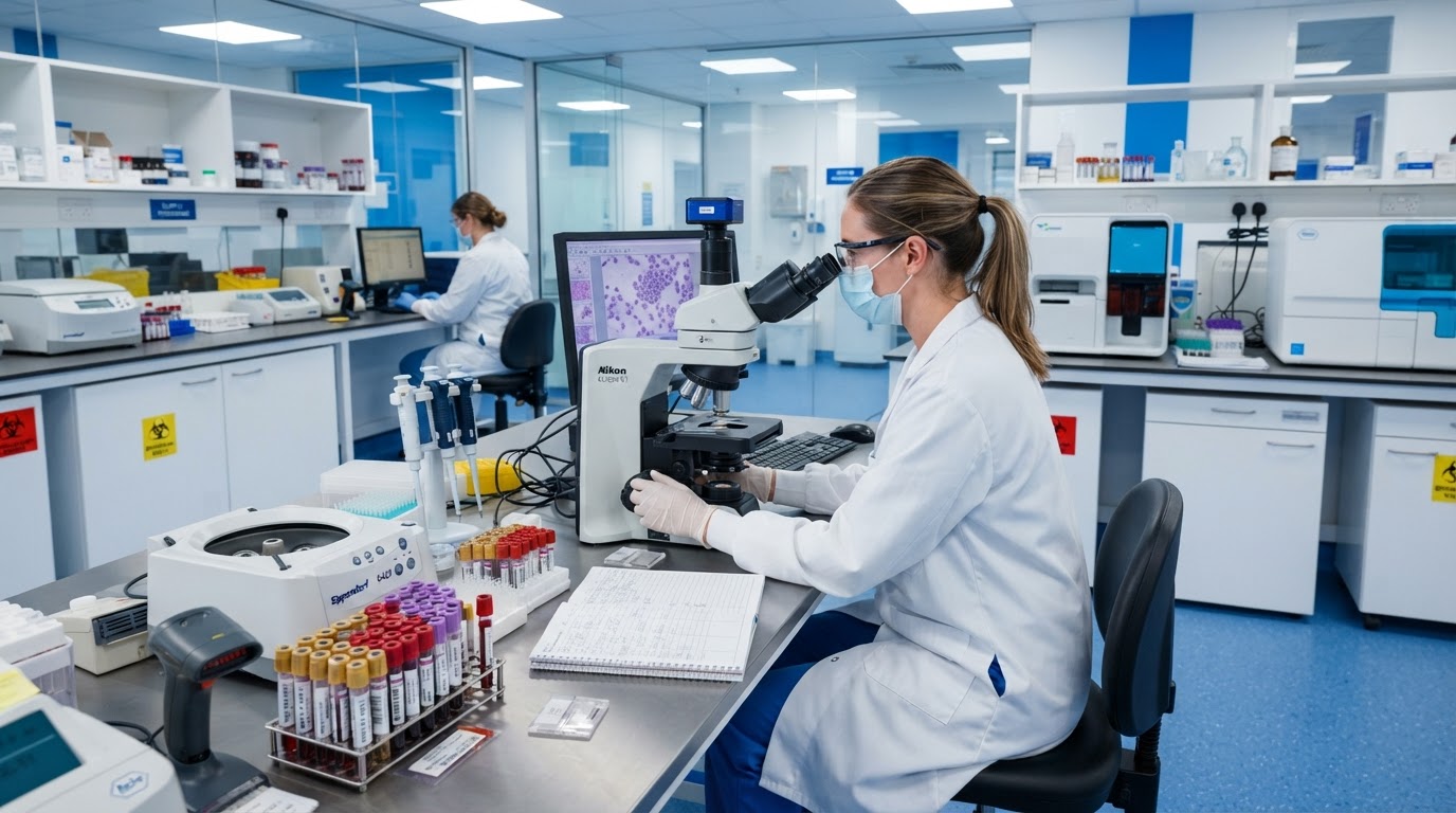 A modern pathology lab and diagnostic centre with blood test tubes, microscope and lab technician in clean white coat working in a bright sterile laboratory with blue accents.