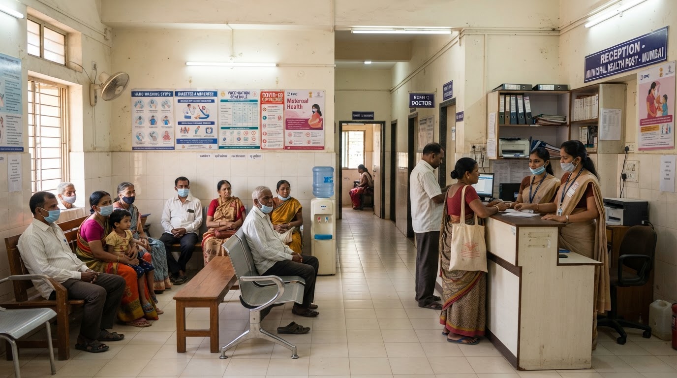 A municipal health centre in a Mumbai suburb, clean government medical facility with a waiting area, health posters on the wall and a reception desk, simple and functional public healthcare setting.