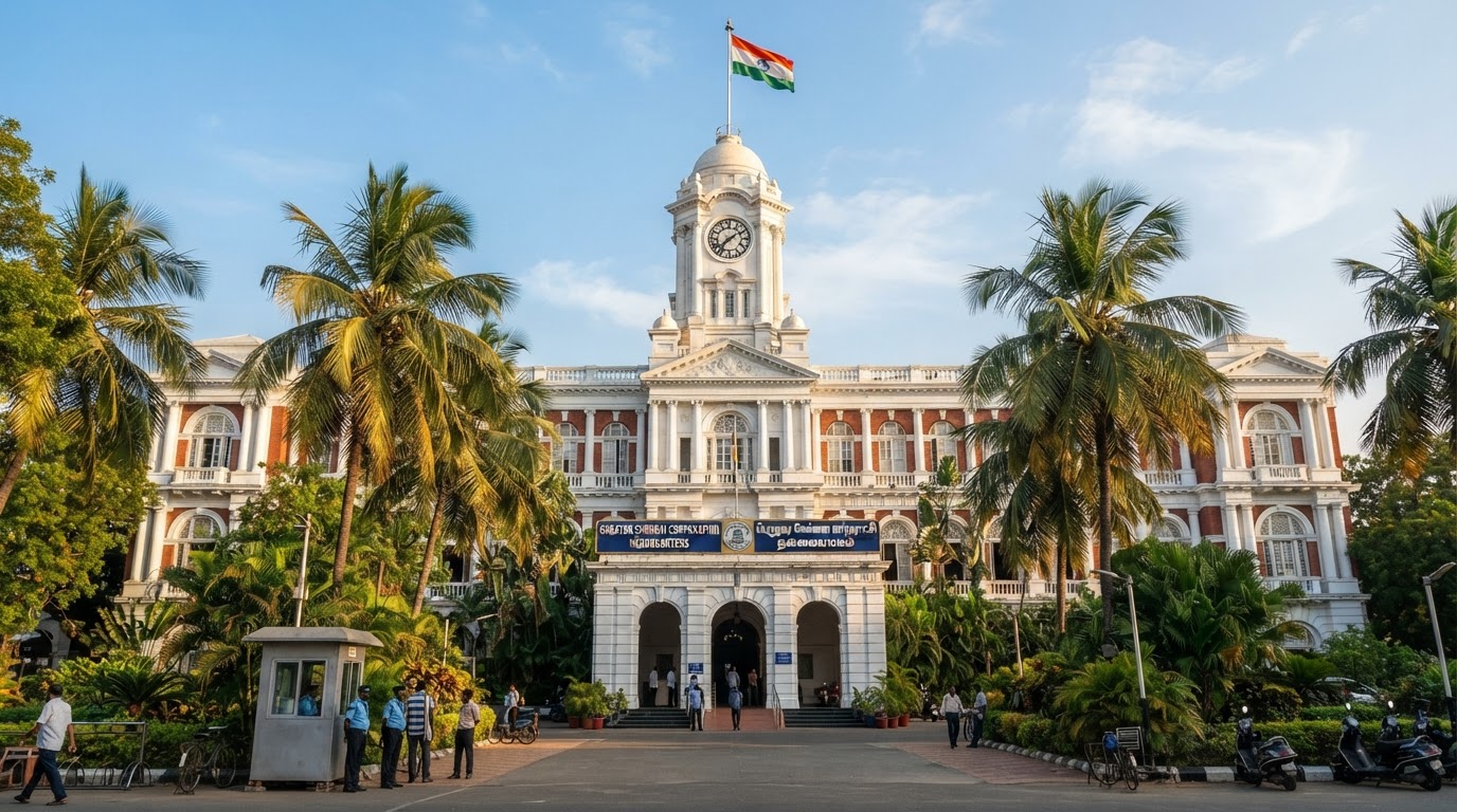 An Indian municipal corporation headquarters building exterior with a flag, official signage, and a clock tower, surrounded by palm trees in warm morning light.