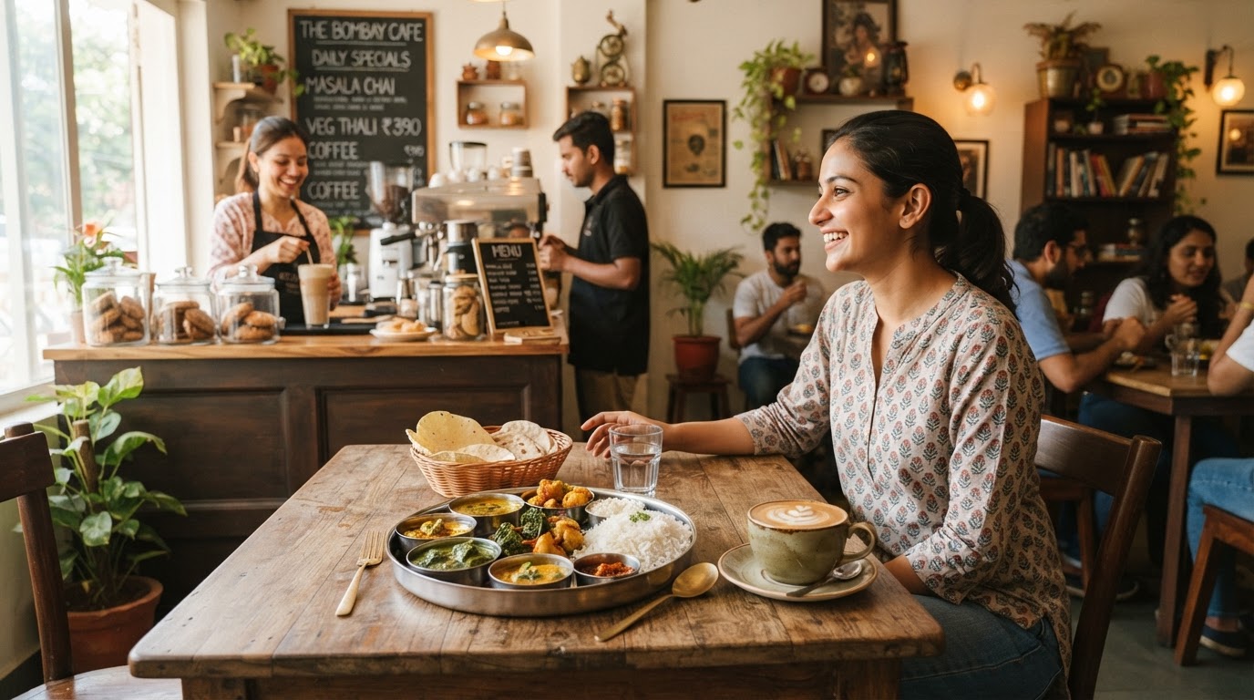 A warm, inviting local food guide scene in a Mumbai suburb — a café counter with coffee, a vegetarian thali plate and casual dining table, soft natural light.
