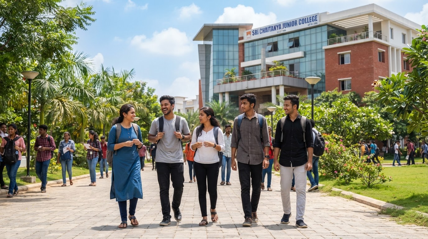 Indian college students walking on a junior college campus with backpacks, a modern college building in the background, bright daylight.