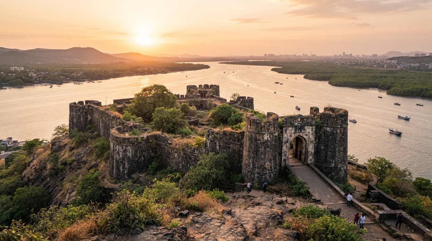 A historic Portuguese-era stone fort ruin on a hill overlooking a river estuary near Thane, Maharashtra, with weathered walls and arched gateways at golden hour.