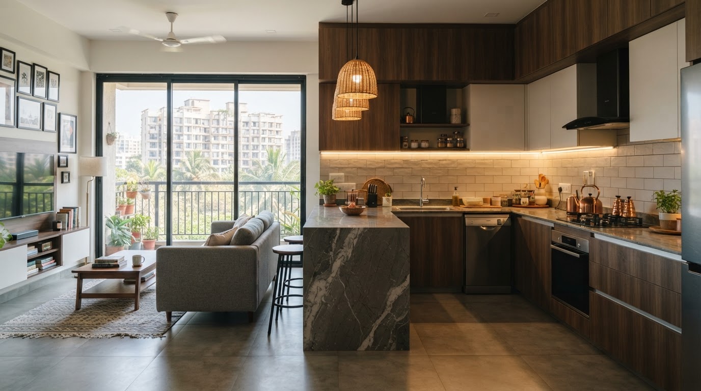 A modern modular kitchen and living room interior in a Mumbai suburb apartment — sleek cabinets, warm wood tones, pendant lighting, contemporary interior design.