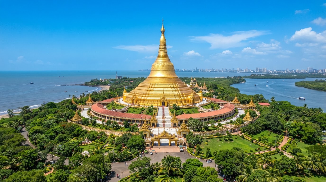 The Global Vipassana Pagoda, a massive golden meditation dome structure in Gorai near Mumbai, surrounded by greenery under a clear blue sky.