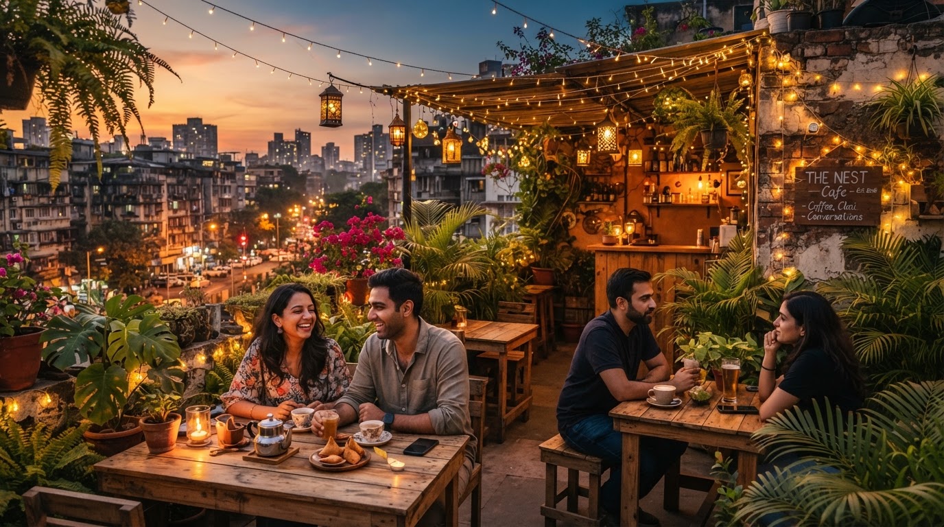 A hidden rooftop garden cafe in a Mumbai suburb with plants, string lights and a few tables at golden hour.
