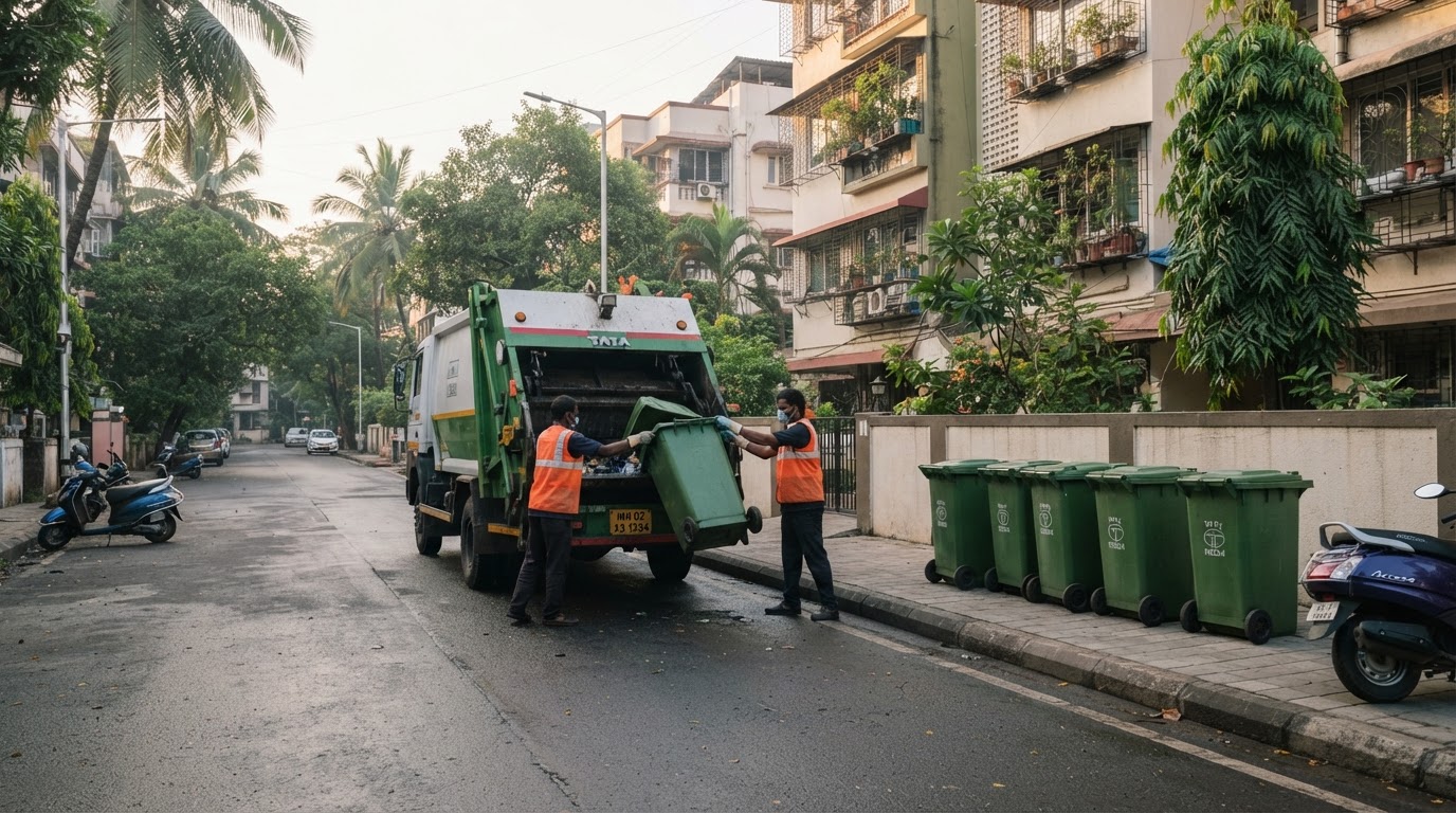 A green municipal garbage collection truck on a tidy residential street in a Mumbai suburb at early morning light, with workers in high-vis vests and lined dustbins.