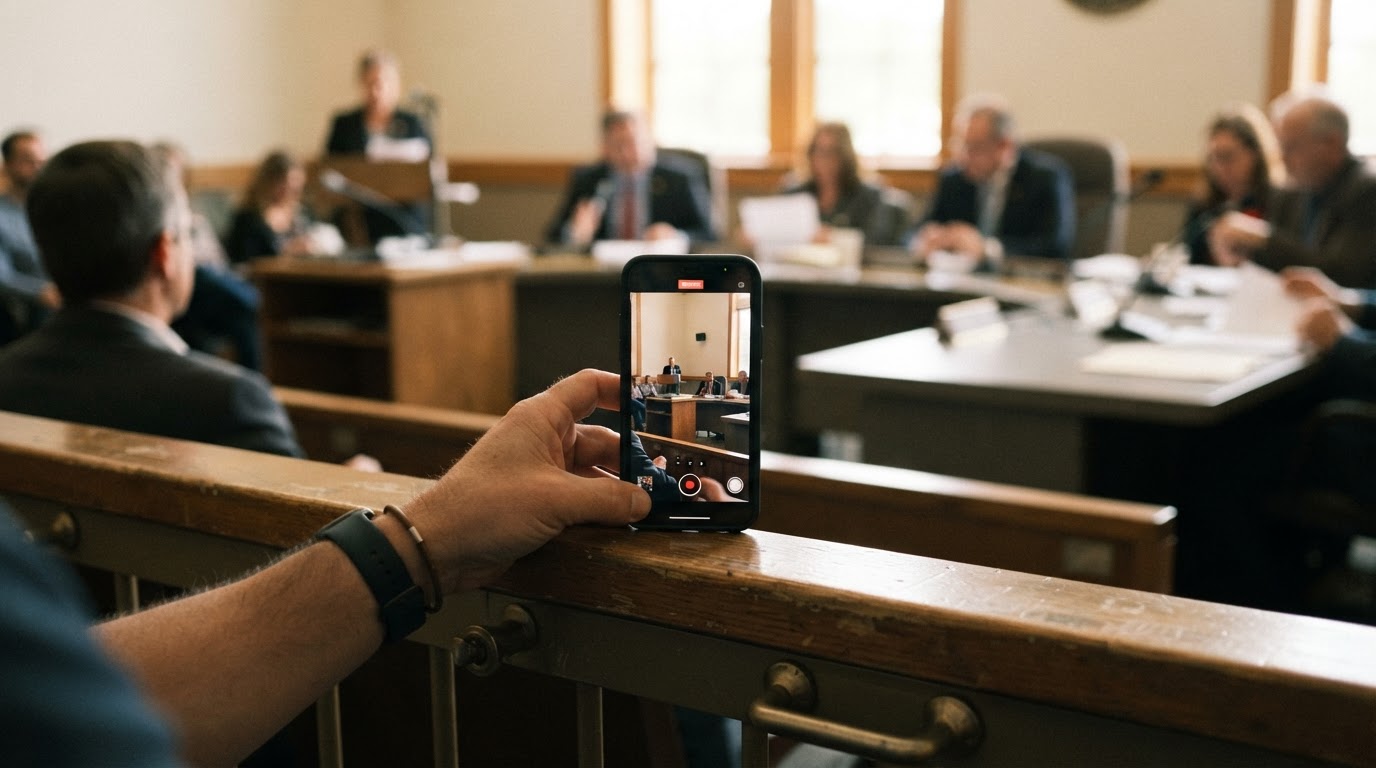 A citizen's hand holding a smartphone recording a civic municipal meeting from the public gallery, with officials blurred in the background.