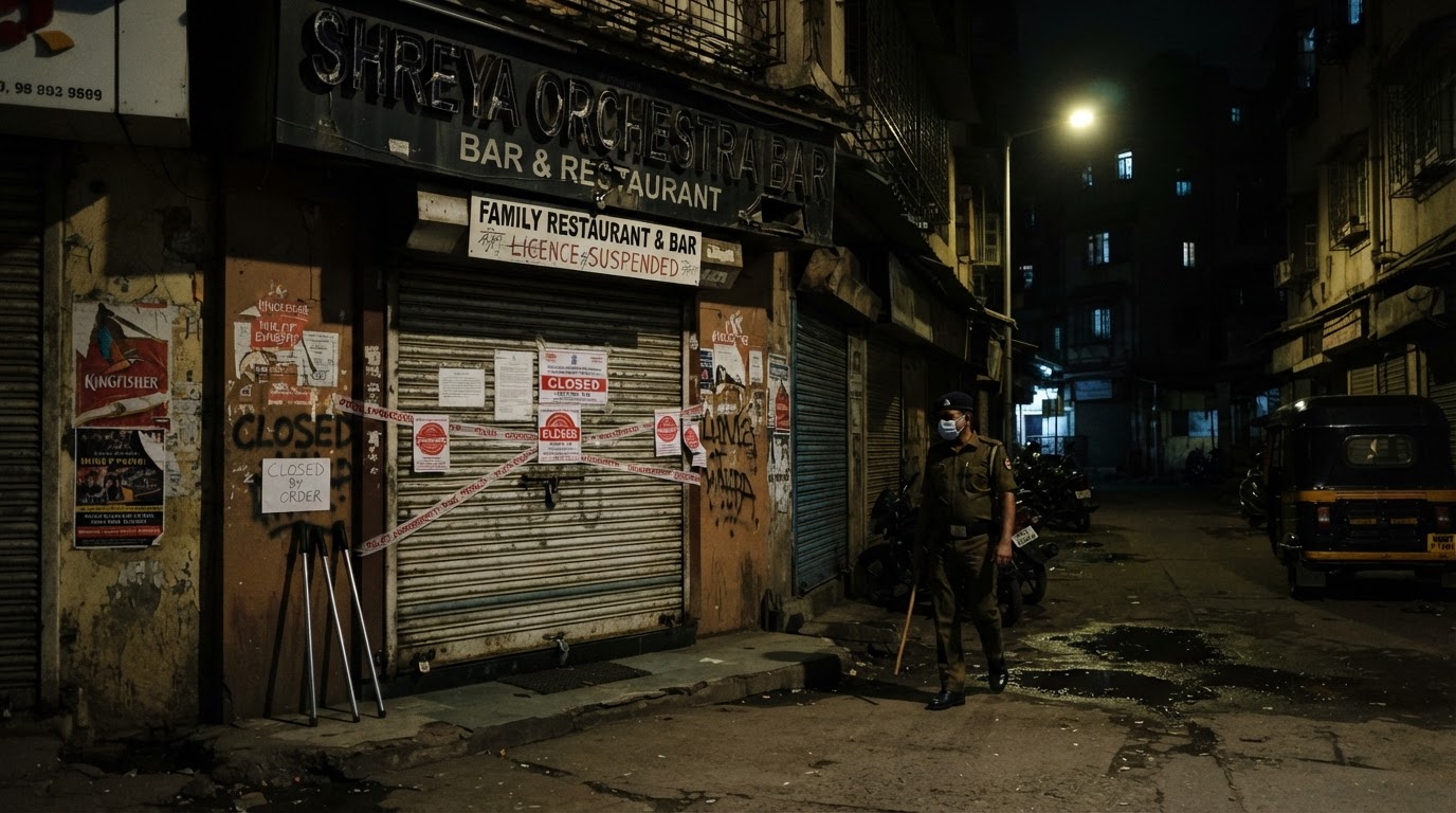 A closed-down orchestra bar and nightlife venue in an Indian suburb at night, shuttered entrance with dim street lighting.