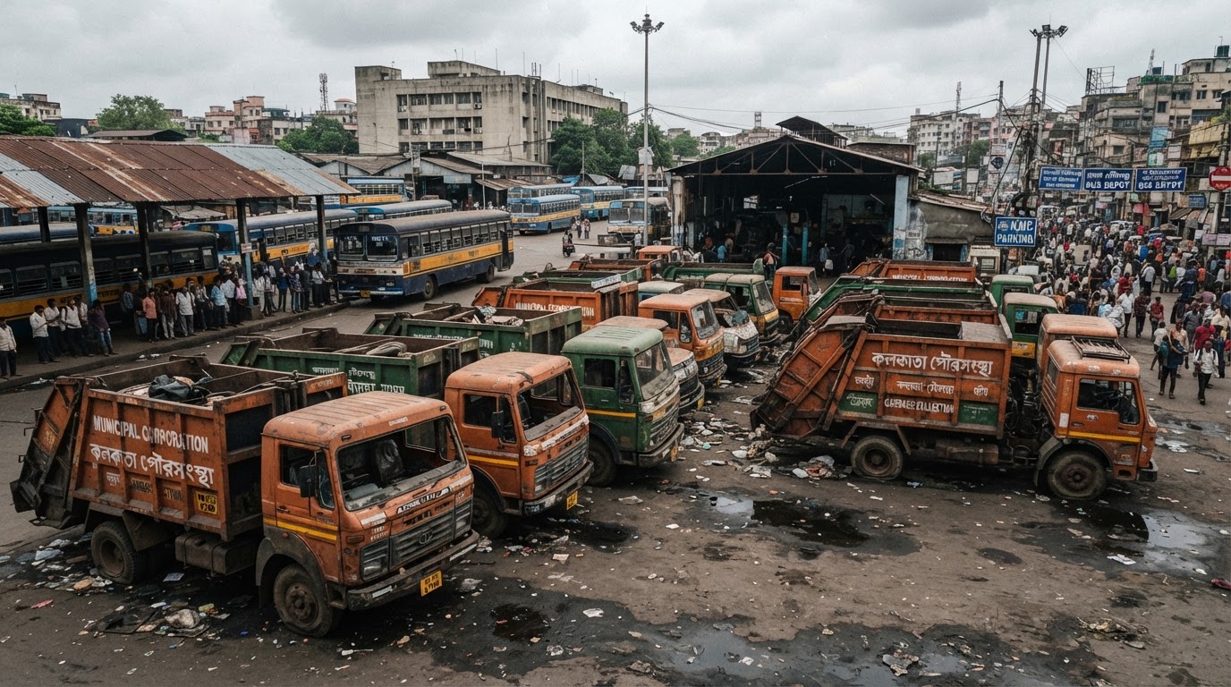 Municipal garbage collection trucks parked idle and unused at a bus depot in an Indian city, some vehicles appearing weathered and neglected.