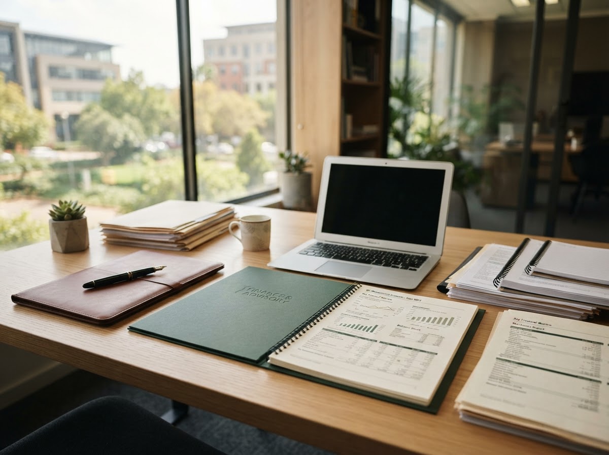 A prepared South African SME accounting and management report pack on a professional finance desk