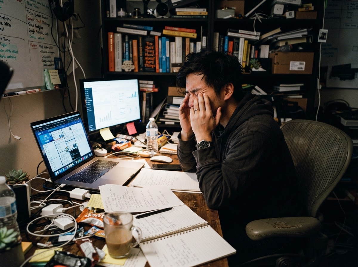 Founder stressed and working late from home office