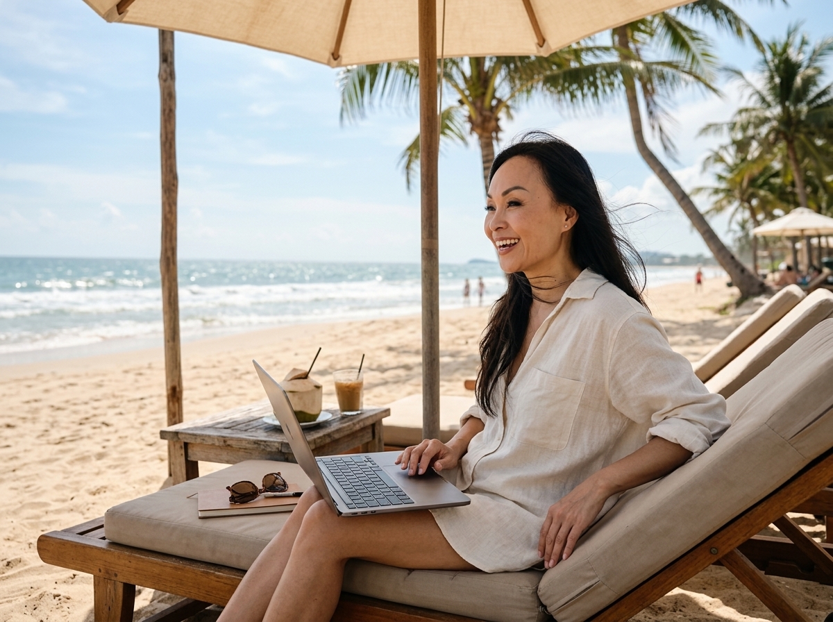 Founder working happily and freely from a beach