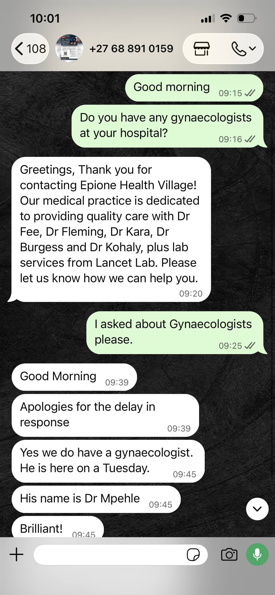 Observed WhatsApp enquiry, IMG_9276 — initial question about gynaecologists at 09:16, general reply at 09:20, repeated question at 09:25 and direct answer at 09:45, on 13 October 2026